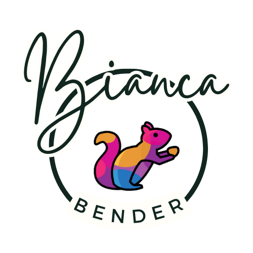 Das Logo von Bianca Bender ist rund und zeigt in der Mitte ein buntes Eichhörnchen. Oberhalb steht der Vorname in Script-Schrift, unterhalb der Nachname (kleiner).