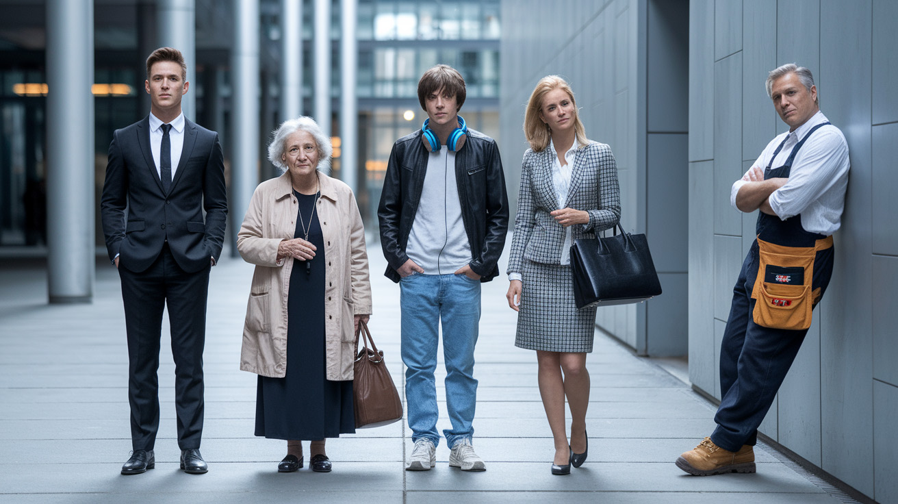 Drei Männer und zwei Frauen stehen nebeneinander vor einem urbanen Hintergrund. Sie verkörpern durch Kleidung und Haltung unterschiedliche soziale Hintergründe.