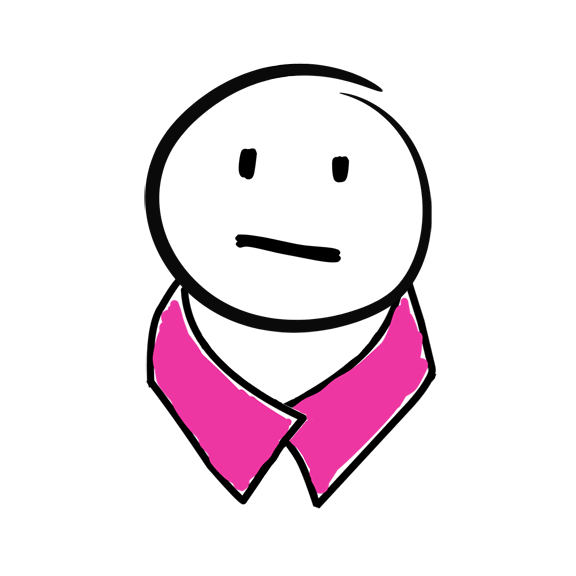 Strichfigur, bestehend aus einem runden Kopf mit zwei Augen und einem neutralen Mund sowie einem pinkfarbenen Hemdkragen
