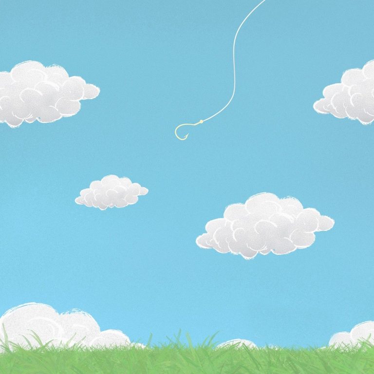 Grafik eines Himmels mit Wolken, unten Gras. Ein Haken an einer Schnur schwebt durch den Himmel.